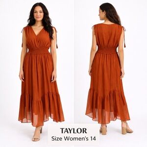 Taylor Burnt Orange Boho Midi Dress Size 14 Smocked Waist Tiered Festival Dress